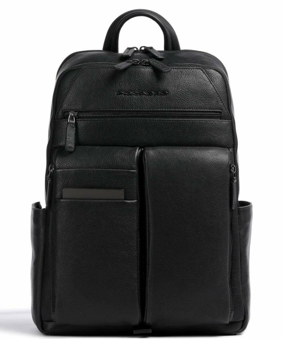 Backpacks * | Paavo Backpack 14 Grained Cow Leather Piquadro Crazy Deals Black