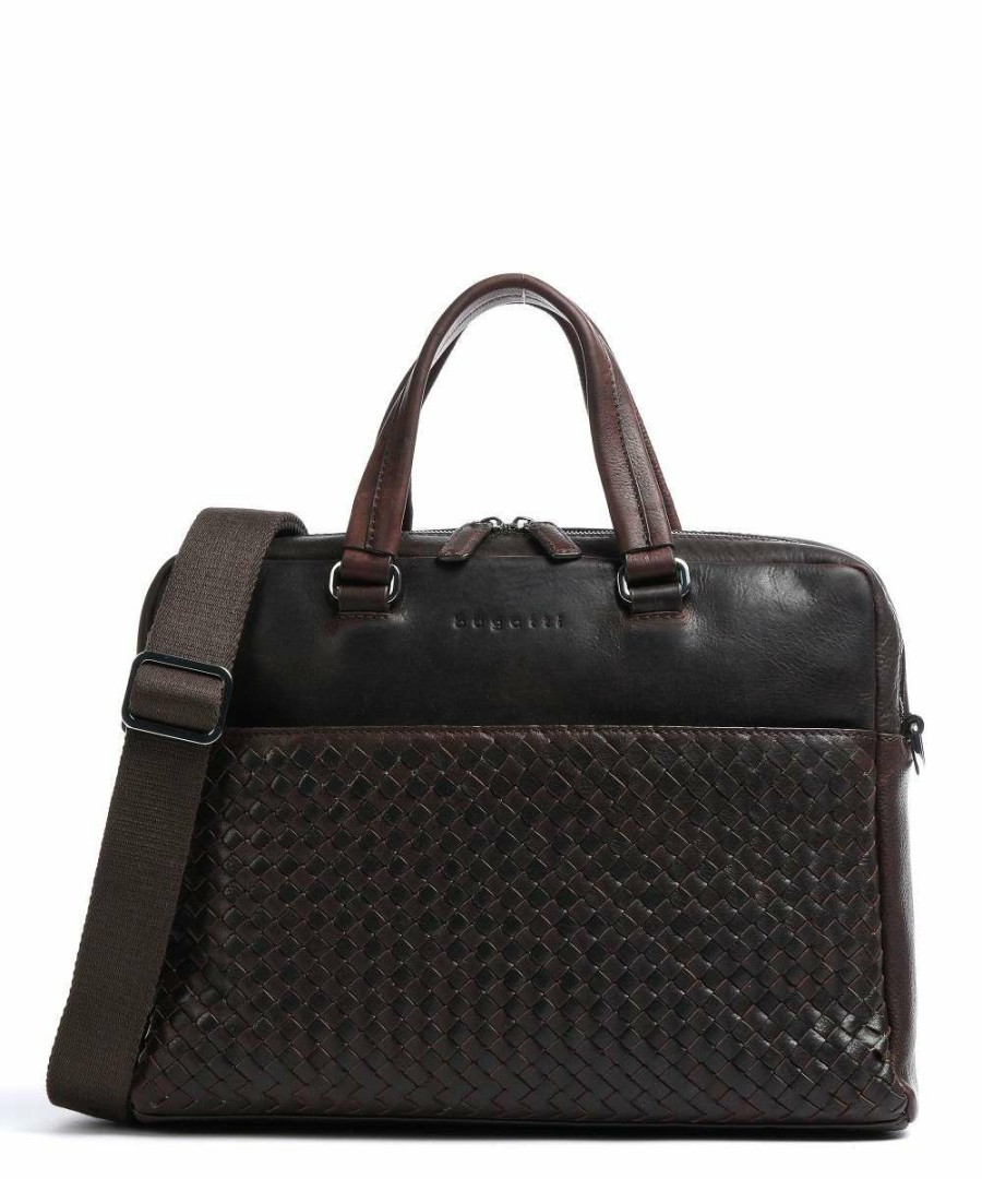 Business & Laptop * | Woven Briefcase 14 Buffalo Leather Bugatti Official Dark Brown